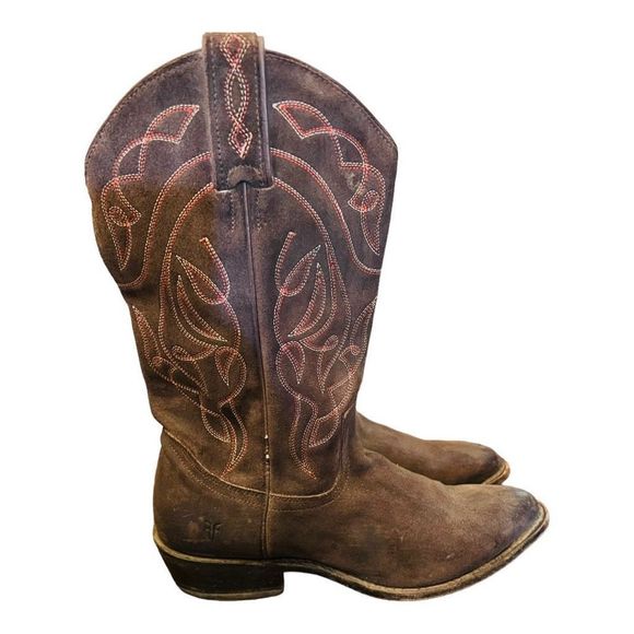 Frye Billy stitch cowgirl western boots brown with orange stitching design sz 9 - Picture 15 of 16